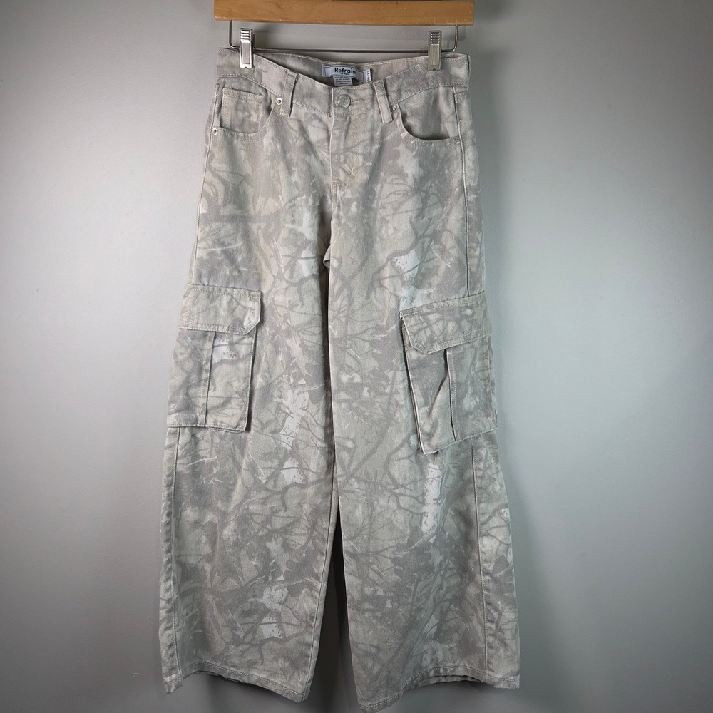 Refrain Cargo Pants Women 00/23 Grey White Camo Wide Leg Utility J1495-WL